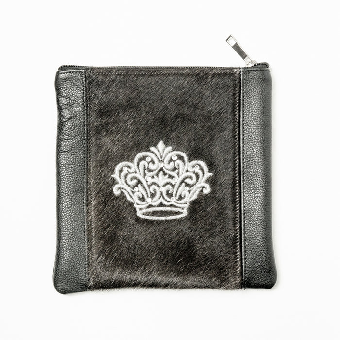 Black Leather & Fur with Silver Crown Embroidery - F85