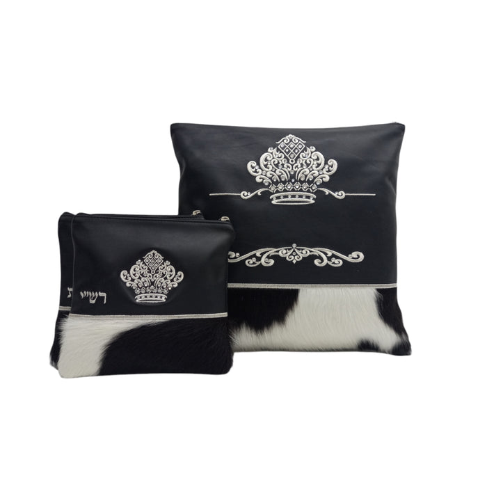 Smooth Black/Black and White Fur with Silver Embroidery - F64