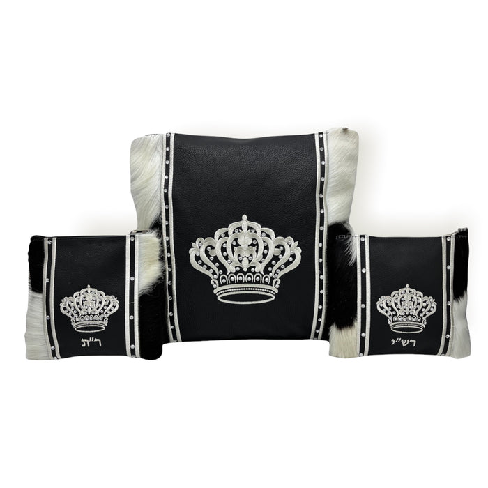 Black Leather/Black and White Fur with Crown Embroidery - F67